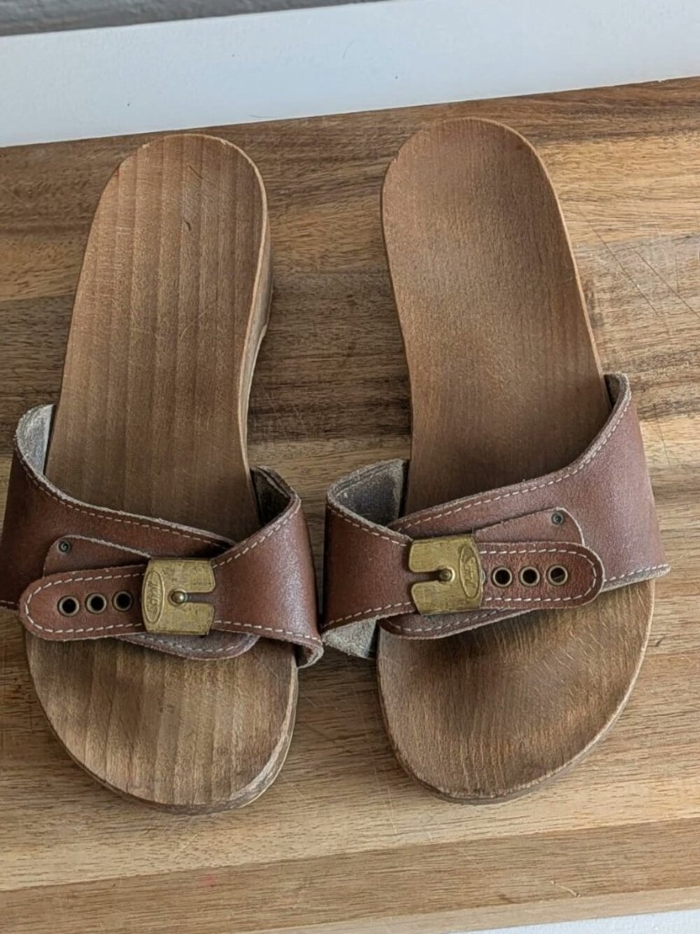 Vintage Dr Scholls Wooden/Wood Tan Leather Sandals - Women's Size 6.5 Wide